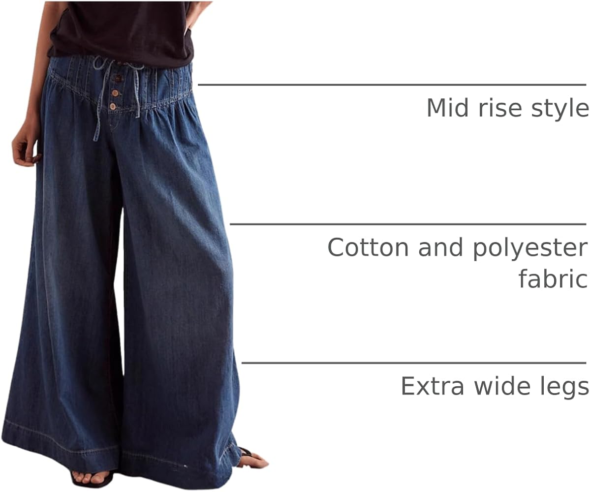 CHARTOU Women's Baggy Wide Leg Denim Pants Drawstring Midi CHARTOU Women's Baggy Wide Leg Denim Pants Drawstring Midi