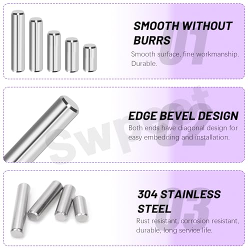 Swpeet 110Pcs M2 M3 M4 M5 304 Edelstahl Dowel Pin Assortiment Kit, zylindrische Regalstütze Peg Pin Rod Befestigungselemente für Wartung und Verbindung (mit einem Aufbewahrungskasten)