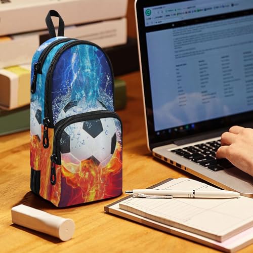 Image of ZAZYXTJ Soccer Standing Large Capacity Pencil Case 3 Compartment Pen Pouch Storage Makeup Bag for School Office Teen Girl Boy Men Women