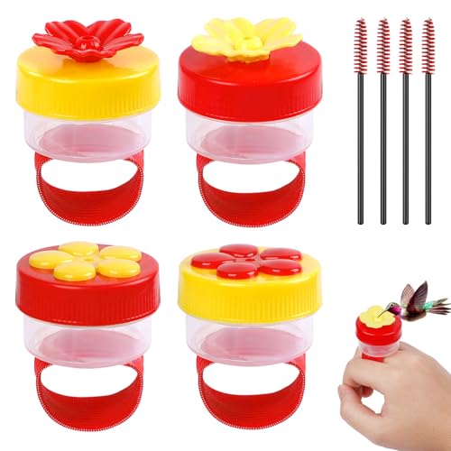 Pawfly 4 Pcs Hand Held Hummingbird Feeders with Cleaning Brushes, Mini Flower Handheld Hummingbird Feeders for Outdoors, Plastic Hummingbird Ring Feeders, Hummingbird Hand Feeders, Wild Bird Feeders