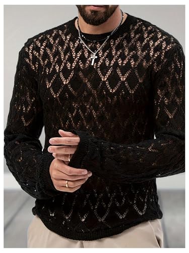 Floerns Men's Hollow Out Knitted Sweater Long Sleeve Undershirt Street Club Pullover Tops2