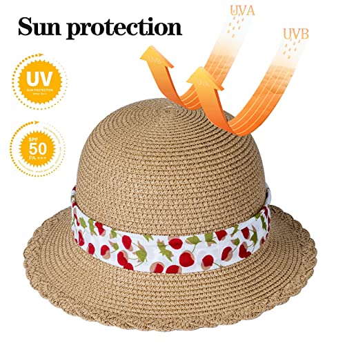 Girls Straw Sun Hat Kids Summer Beach Uv Protection Hats Toddler Baby Childrens Little Girl Ages 3 4 5 6 7 8 9 10 Years Khaki Wide Brim Foldable Sunhat With Chin Strap Cute Bow Ponytail Gardening Cap #TOP6