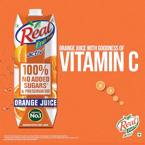 Image of Real Activ Orange Fruit Juice - 1L | 100% No Added Sugars & Preservatives | Rich In Vitamin C | Goodness Of Best Oranges | Tasty, Refreshing & Energizing Fruit Drink (Pack of 2)