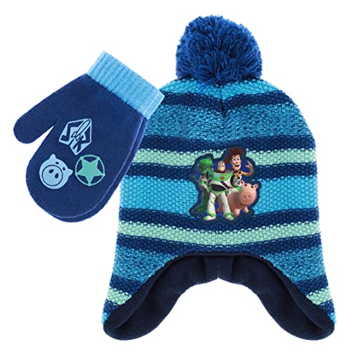 Disney Toy Story Buzz Lightyear Toddler Winter Hat and Snow Gloves for Boys 2 Pc. Set, Soft Mittens with Warm Pom-Pom Beanie