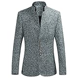 Men Stand Collar Retro Blazer Jacket Winter Solid Slim Fit Chinese Tunic Suit 5 Button Mandarin Collar Sport Coat (Grey,X-Large)