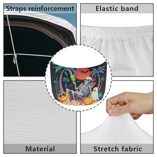 Image of Halloween Decor Car Hood Cover, Halloween Hawaii Vacation Skeleton Washable Elastic Auto Hood Protector, Funny Ghost Pumpkin Beach Skull Car Bonnet All-Season Protection