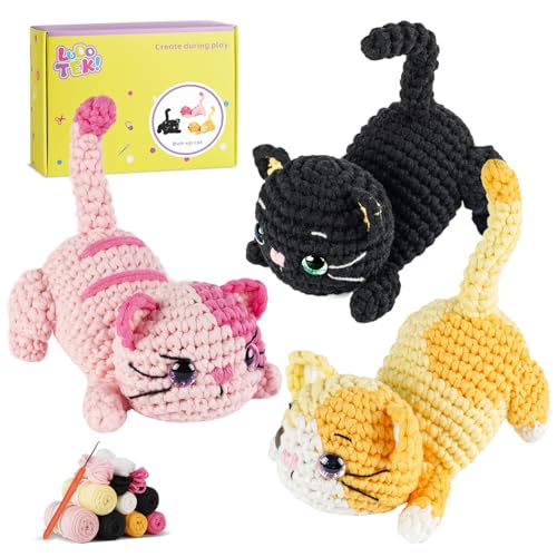 LUDOTEK Crochet Kit for Beginners, Crochet Animal Kits,Crocheting Kit for Starters with Step-by-Step Video Tutorials, Beginner Crochet Kits for Adults(3 Pack cat)