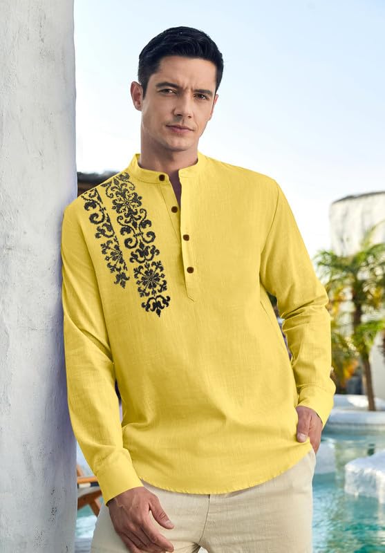 Image of Macsivo Cotton Blend Solid Casual Short Kurta for Men Long Sleeve Mandarin Collar Stylish Shirt Kurta for Men