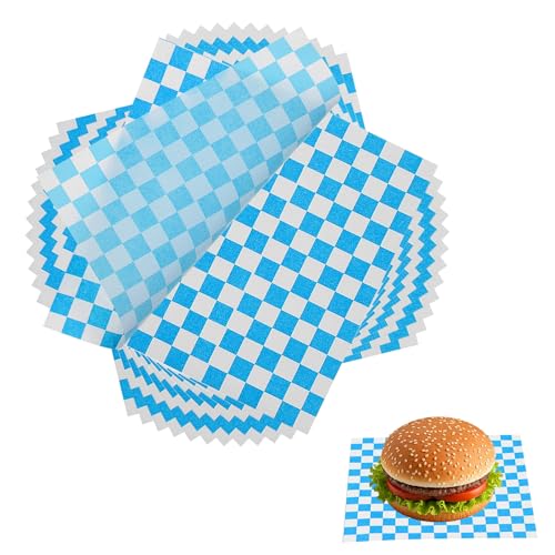 QUARKZMAN 150 Stück Wachspapier Blätter Für Lebensmittel 18 x 18 Cm Fettdichte Einwickelpapier Blätter Karo Quadratische Lebensmittelkorb Einlagen Für Sandwich Hamburger Brot Blau