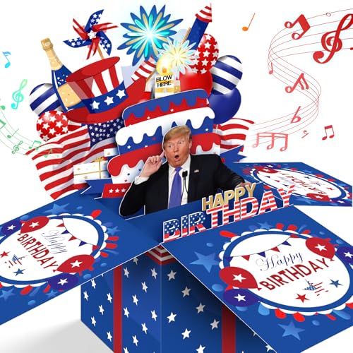 FITMITE Birthday Card, Musical Pop Up Greeting Cards w Light, Blow Out Candle Greeting Cards Gifts for Him or Her (Birthday Song, Presidential Blessings & Surprise) (Red Blue)