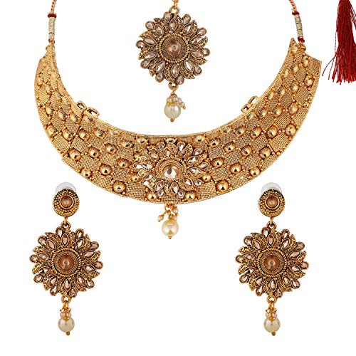 Efulgenz Indian Bollywood Traditional 14 K Gold Plated Crystal Wedding Bridal Choker Necklace Earrings Maangtikka Jewelry Set