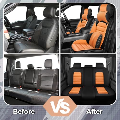 Image of Full Set Car Seat Covers for Ford F-150 F-250 F-350 XL XLT STX Lariat King Ranch Platinum Raptor Seat Covers 2007-2026, Waterproof Seat Protectors(Luxury 5 Seats /Black&Orange)