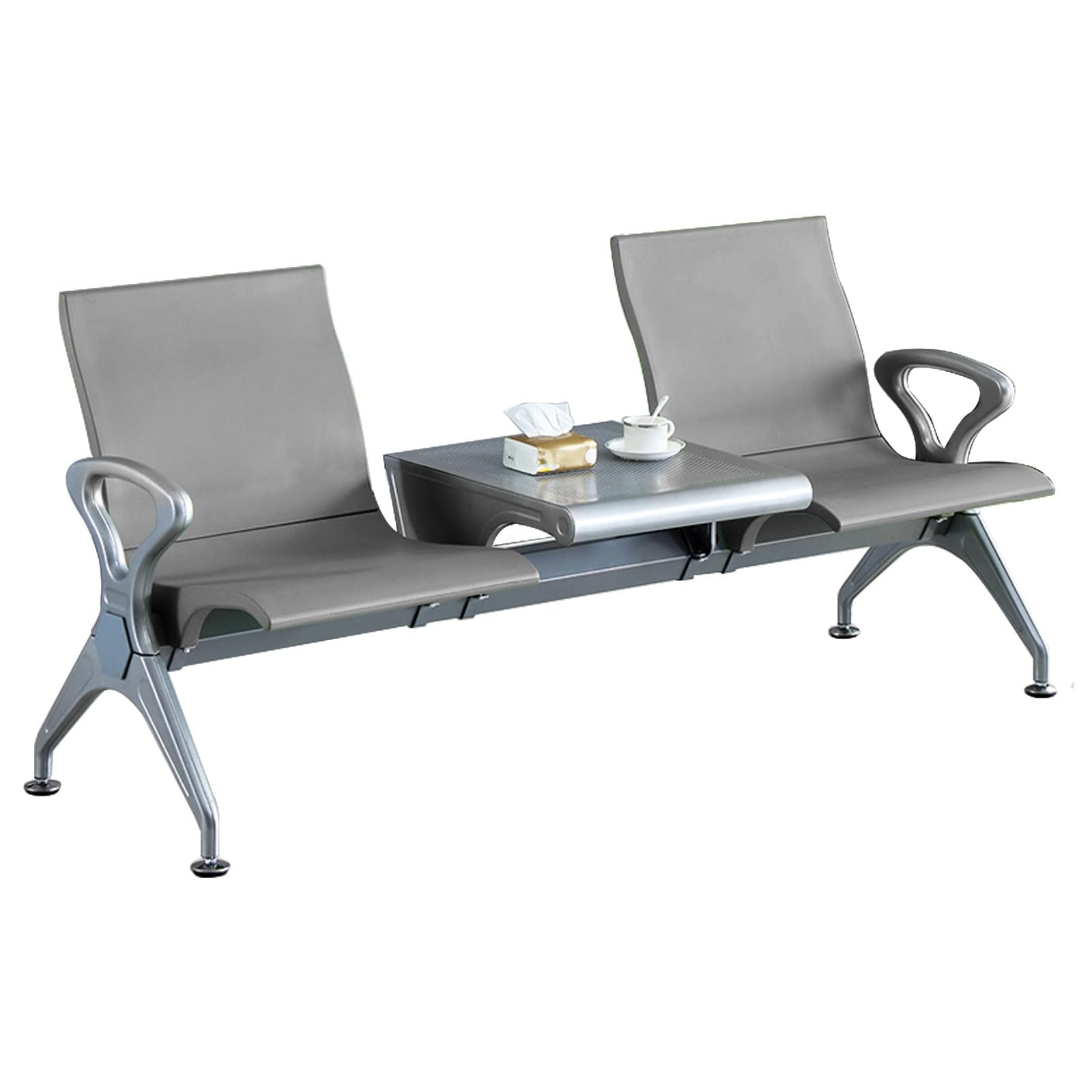 Wartezimmerbank mit 2 Sitzen und Kleinem Tisch, Bürostuhl mit Armlehnen, Empfangsbank aus PU-Leder für Büro, Flughafen, Bank, Krankenhaus(Gray)