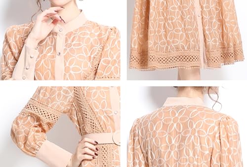 Image of LAI MENG FIVE CATS Women's Round Neck Lantern Sleeves Embroidery Button Layered Lace Hem Midi Dress with Belt