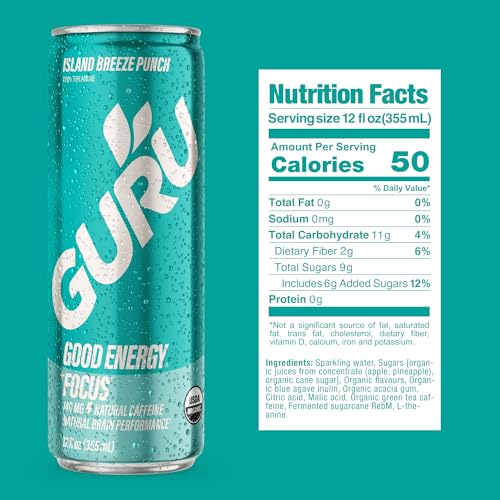 Image of GURU Energy Drink, Island Breeze Organic Sparkling Energy Drink with Real Fruit Juice + L Theanine, 140 MG Natural Caffeine for Workouts, Performance & Midday Boost, Plant Based, Gluten Free, 12 Fl Oz, 24 Pack