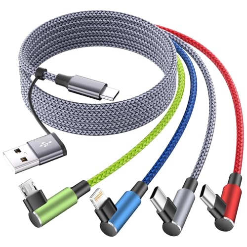 USB A/C to USB C Right Angle Cable, 90 Degree Type-C Braided Charging Cord 5FT, 4 in 2 USB Charging Cable,Universal Phone Charger Cord with Type-C,Micro USB,IP Port for iPhone17/16 Android Phones Pad