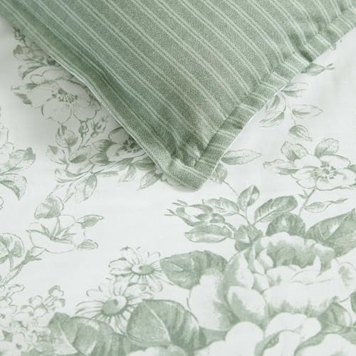Image of Laura Ashley - Twin Comforter Set, Cotton Floral Bedding with Matching Sham & Bonus Decorative Pillow Covers, Oeko-Tex Certified, Dorm Essentials (Toile Delight Green)