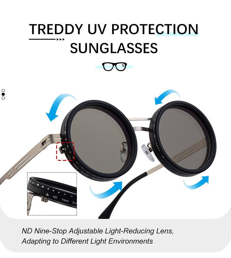 Image of Adjustable Tint Sunglasses, 1-9 Gear Adjustable Polarized Sunglasses with ND Filter Lenses, Round Black Lens for Men & Women, UV Protection for Driving, Fishing, and Outdoor Use.