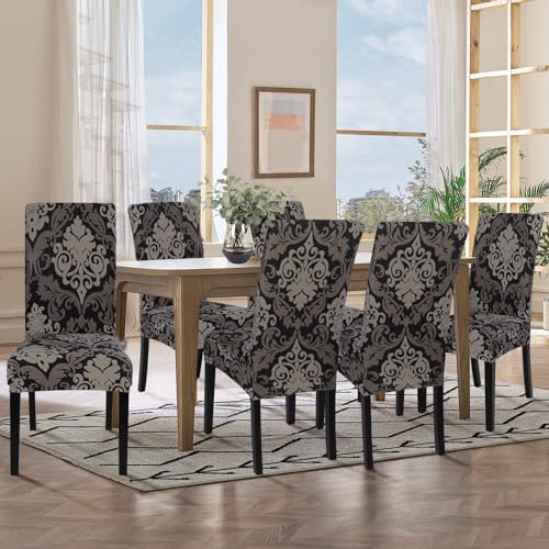 Image of SearchI Dining Room Chair Covers Slipcovers Set of 6, Spandex Super Fit Stretch Removable Washable Kitchen Parsons Chair Covers Protector for Dining Room,Hotel,Ceremony,Black /Brown