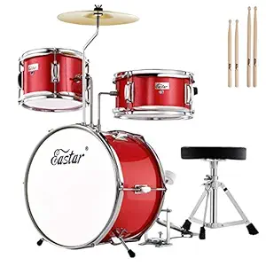 Eastar 14 inch Kids Drum Set 3 Piece with Throne, Cymbal, Pedal & Drumsticks,Metallic Red (EDS-180Re)
