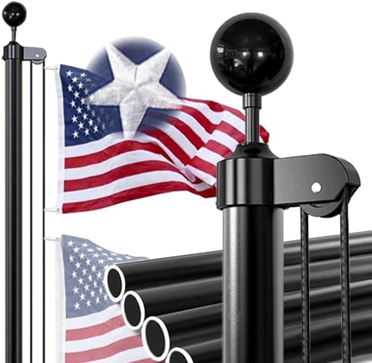 iElyiEsy 12 Guage 25 FT Heavy Duty Flag Pole with Aluminum Ball,Extra Thick Aluminum Flagpole Kit for Outside House In Ground, 3x5 American Oxford Embroidered Flag,Black,120MPH Wind Tested