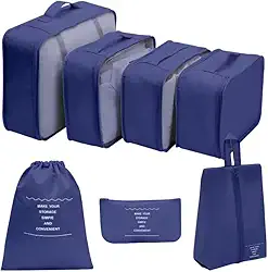 Kit Organizador de Malas Para Viagem Conjunto Organizador de Bagagem 7 Peças Bolsa Organizadora Para Roupas Acessórios Sapato Estojo de Maquiagem Cosméticos (Azul Marinho)