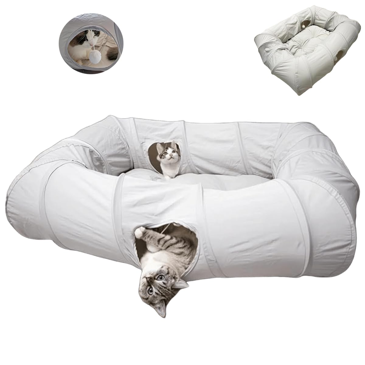 ERNAN Cat Tunnel Bed for Indoor Cats - Cute Cat Donut Tunnel Toys for Small Large Cats with Washable Circle Cushion,for Kitten/Puppy/Rabbit (Grey, M)