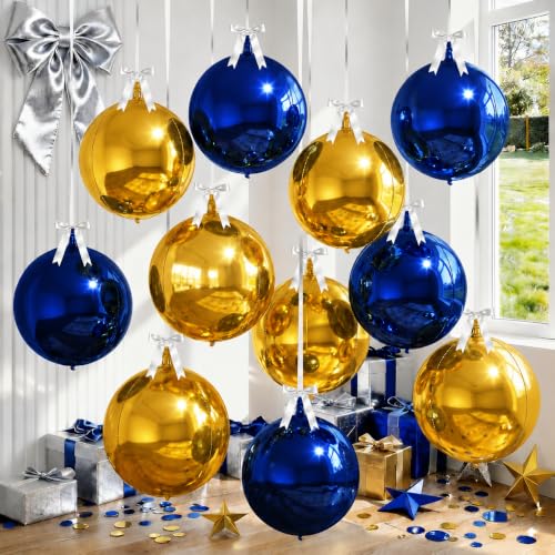 Image of 9 Pcs Blue Gold Round Foil Balloons Dark Navy Blue Metallic Gold Chrome 4D Ball Balloons 22 In Orbz Mylar Balloon for Graduation Grad Birthday Wedding Anniversary Disco Party Decorations