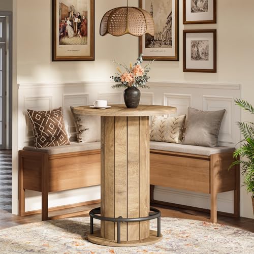 Image of Tribesigns Small Round Dining Table, Bar Height Circle Kitchen Table with Footrest, for Small Spaces, Dining Room, Bar, Bistro, Pub, Brown (Only Table)