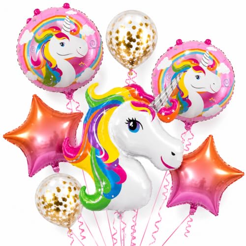 Image of AMFIN (Pack of 7) Unicorn Theme Birthday Balloon Bouquet Pink Multi Confetti Metallic Finish Foil Women Girls Decoration Item Kit Head Rainbow