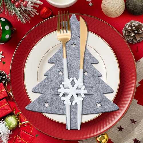 FUKPO 12 Stück Bestecktasche Weihnachten Filz Grau, Besteckhalter Weihnachten Tischdeko Weihnachten Grau Weihnachtsbaum Schneeflocke Stern,...