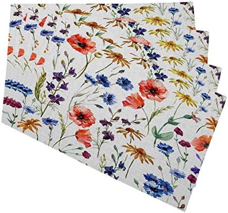 Mugod Wildflowers Placemats Colorful Watercolor Flowers Poppy Cornflower and Chamomile Decorative Heat Resistant Non-Slip Washable Place Mats for Kitchen Table Mats Set of 4 12"x18"