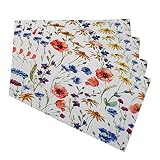 Mugod Wildflowers Placemats Colorful Watercolor Flowers Poppy Cornflower and Chamomile Decorative He