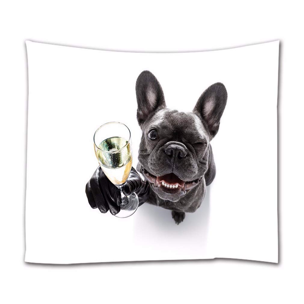 A.Monamour Funny French Bulldog Dog Celebrating Festival With Champagne Glass White Background Print Boho Hippie Mandala Wall Hanging Tapestry Wall Art Decors Fabric Tablecloth 180x230cm