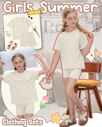 Image of Oakgarden Summer Outfits for Girls 5-14Y Athletic Casual Sets Kid Short Sleeve Shirt Bike Shorts 2 Piece Tween Trendy Clothes