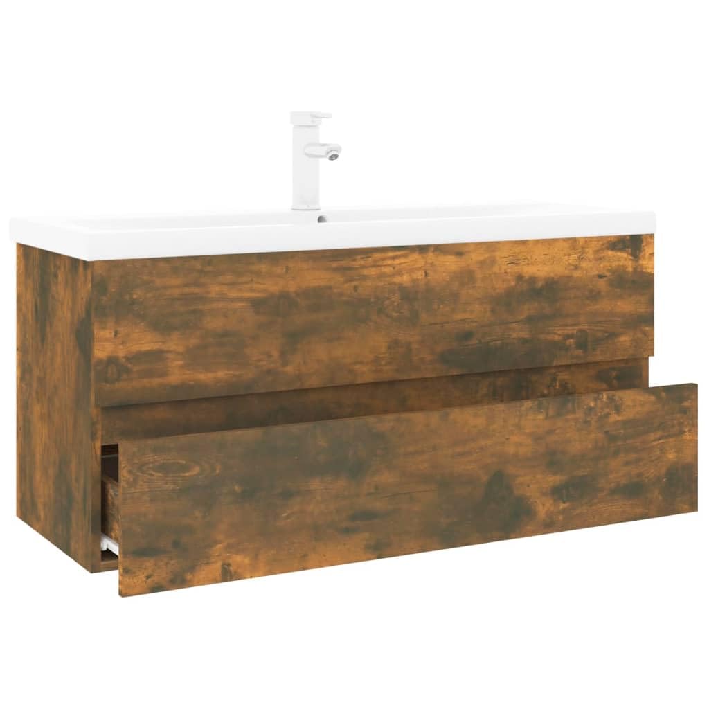 Mobile lavabo con lavabo da incasso in legno di rovere affumicato, 100 x 38,5 x 45 cm, con lavabo in ceramica e cassetto, per mobili da bagno, WC degli ospiti, montaggio a parete, spazio e