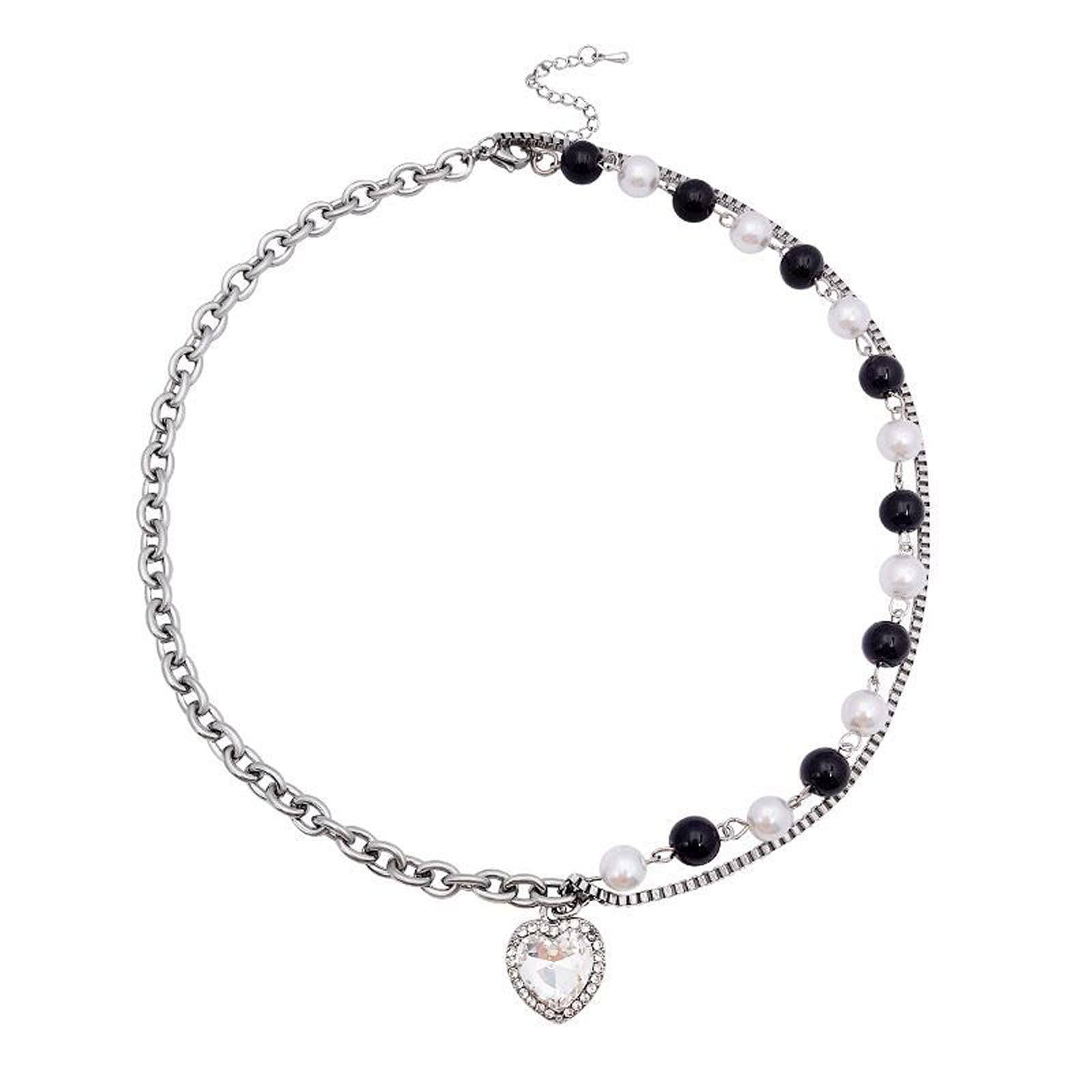 Collier Pendentif d'Amour en perles noires et blanches style luxe léger