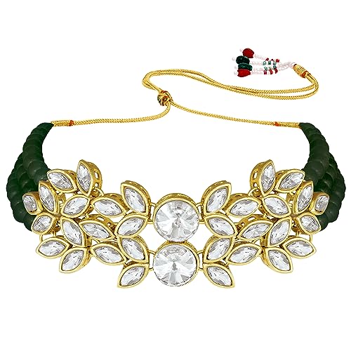 Image of Peora Gold Plated Bridal Crystal Pearl Choker Necklace with Drop Earrings Traditional Jewellery Set for Women