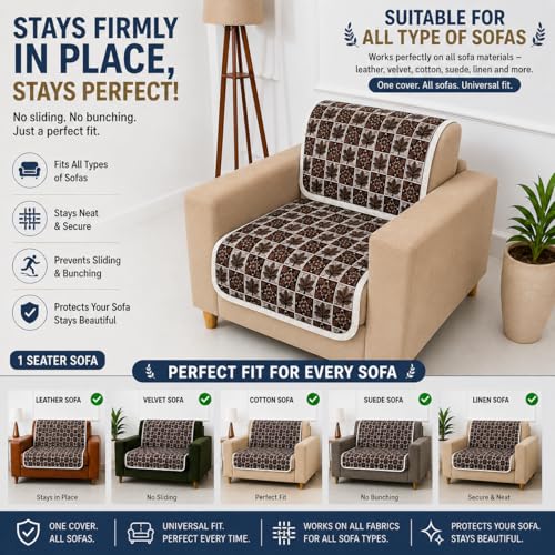 Image of Homerz Premium 'Maharaja Paradise Series' Sofa Cover | Net Fabric Sofa Cover | Washable, Anti-Dust Backed & Wrinkle Resistant Cover (Leafy Checks, 1 Seater, Seat Cover with Backrest)