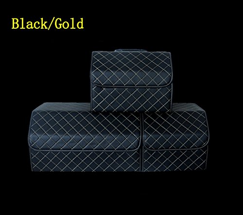 Worth-Mats Car Trunk Organizer Foldable Storage Organizer PU Leather Diamond Cargo Storage Containers for Car, Truck, SUV, Vans (21.6 * 11.8 * 12.6 INCH, Black with gold stitching)