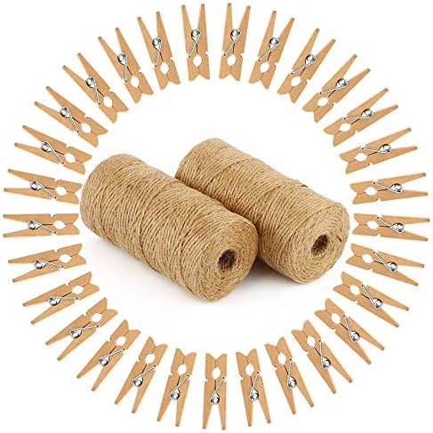 Natural Jute Twine 2pcs, 656Feet 3 ply Twine String with 50pcs Wooden Clothespins Clips for Craft Projects Gift Wrapping Photo Display Art Packing Gardening DIY Decoration