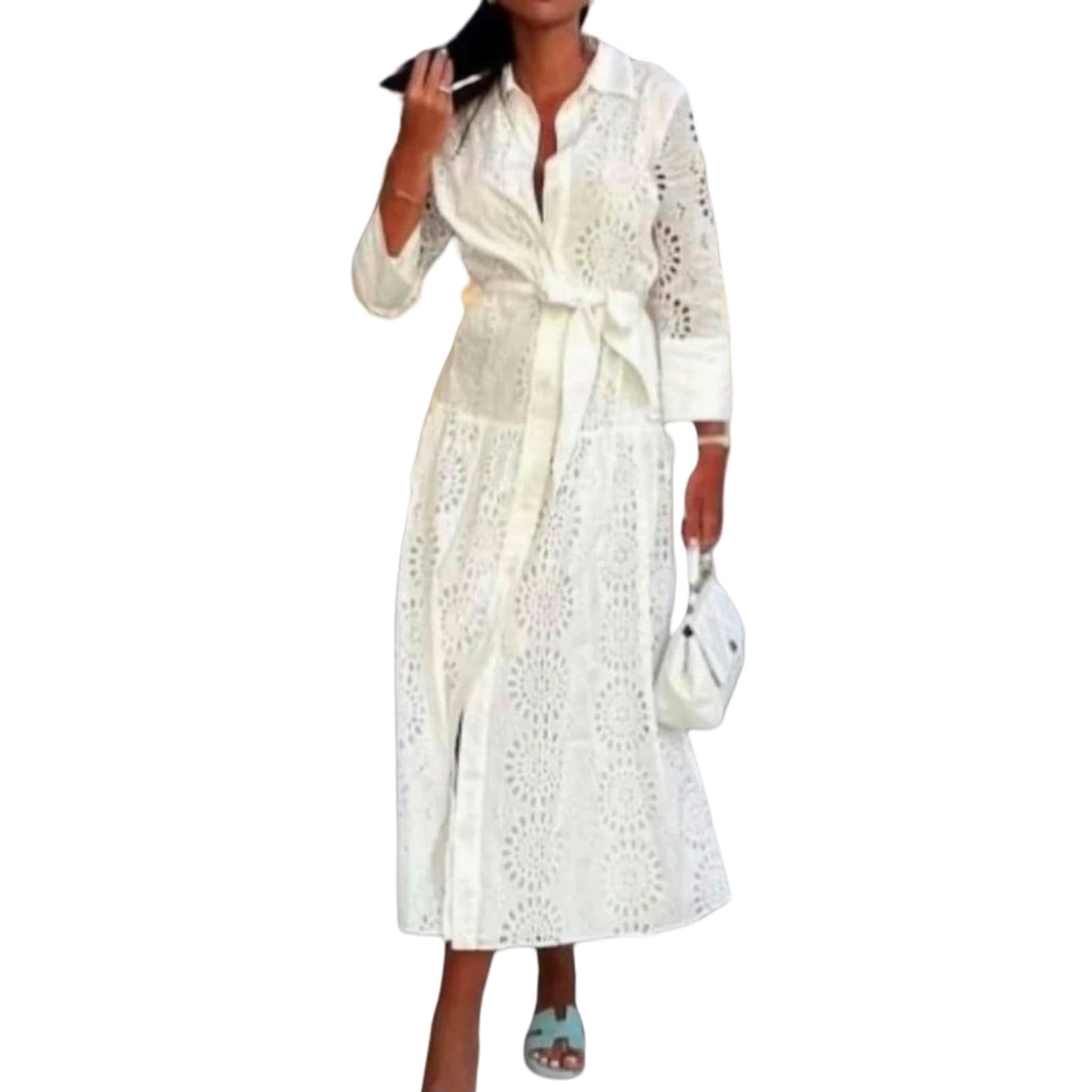 Vestiti a Maniche Lunghe Nuovo Abito Midi da Ricamo Bianco Femminile, Camicia Lunghe, di Moda in Forma Normale, Casual Chic, Elegante Mujer Vestidos