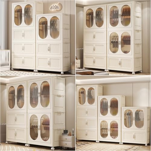 Tragbarer Kinder-Kleiderschrank mit transparenten Türen, faltbarer Design-Hängestange & Rädern, platzsparende Aufbewahrung für Kinderzimmer & Spielzimmer