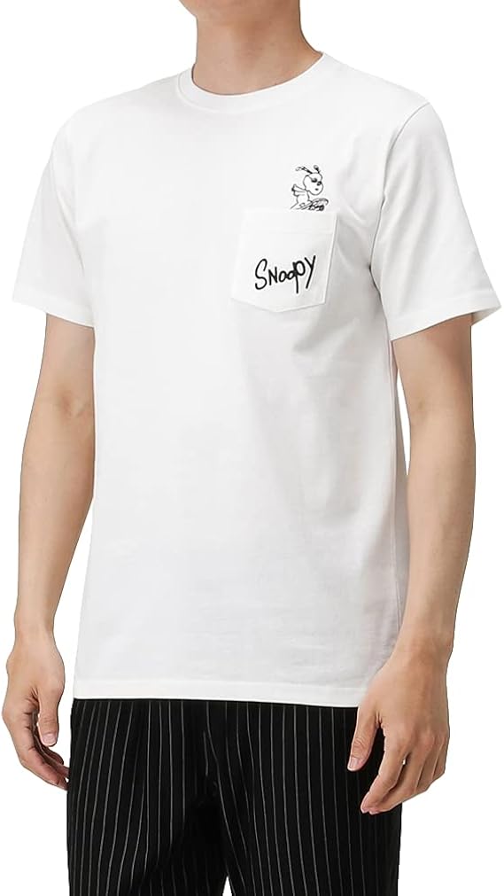 Amazon Tシャツ 半袖 半袖tシャツ メンズ Peanuts ポケットスヌーピーtシャツ クルーネック スヌーピー シンプル ホワイト L Tシャツ カットソー 通販