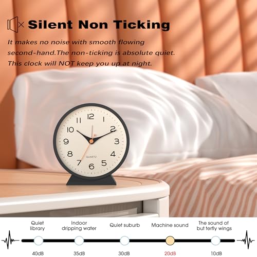 Image of AYRELY 4.5 inch Analog Alarm Clock,Small Retro Desk Clock Battery Operated,Silent Metal Table Clock with Light for Living Room Decor,Bedroom,Bedside,Shelf (Black)