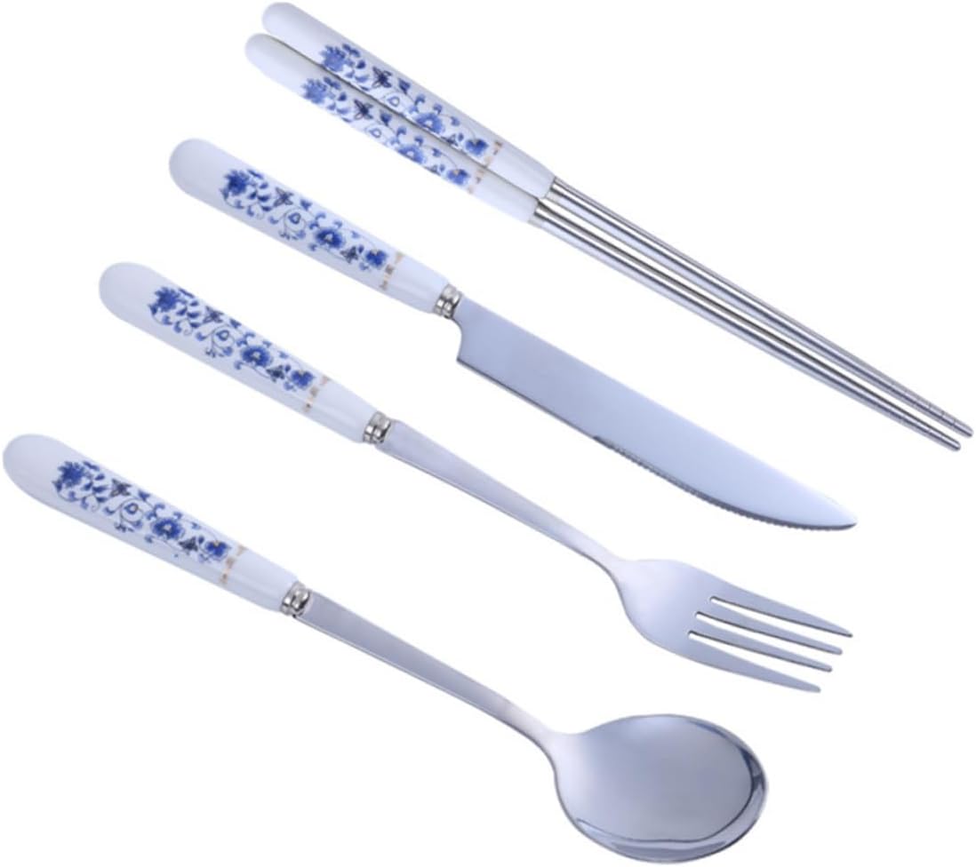 Cabilock 1set Stainlless Steel Tableware Blue and White Porcelain Set Serving Kit Western Food Elegant Dinnerware for Home