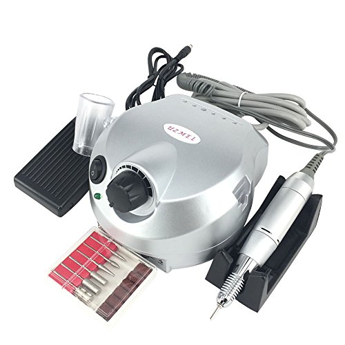 UZMEI Professional Acrylic Nail Tools Electric Nail File with 6pcs Drill Bits and Pedal Control for Nail Salon or Home Use(Silver)