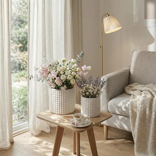 MyGift 6 Inch Ceramic Round Planter Pot, Set of 2 Vintage-Style White Ceramic Flower Pots, Indoor Hobnail Textured Cylindrical Succulent Plant Containers