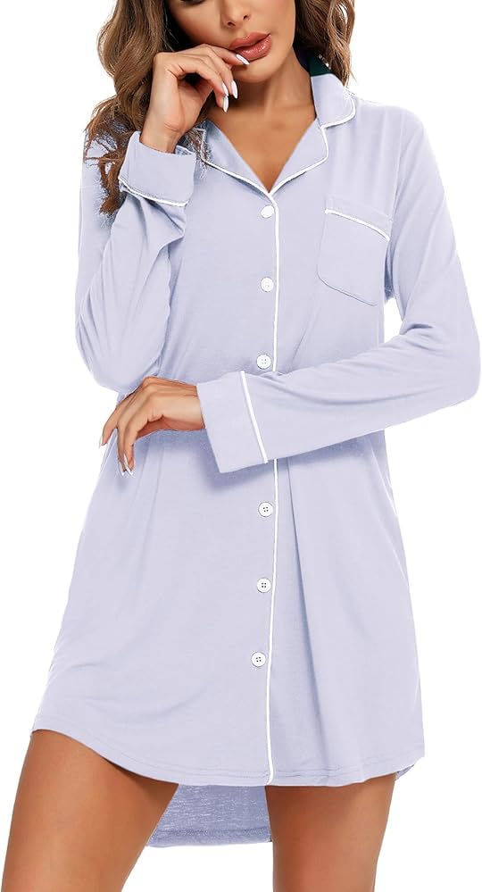 Image of Samring Nightgown for Women Long Sleeve Button Down Night Gown Boyfriend Nightdress Sleep Shirts