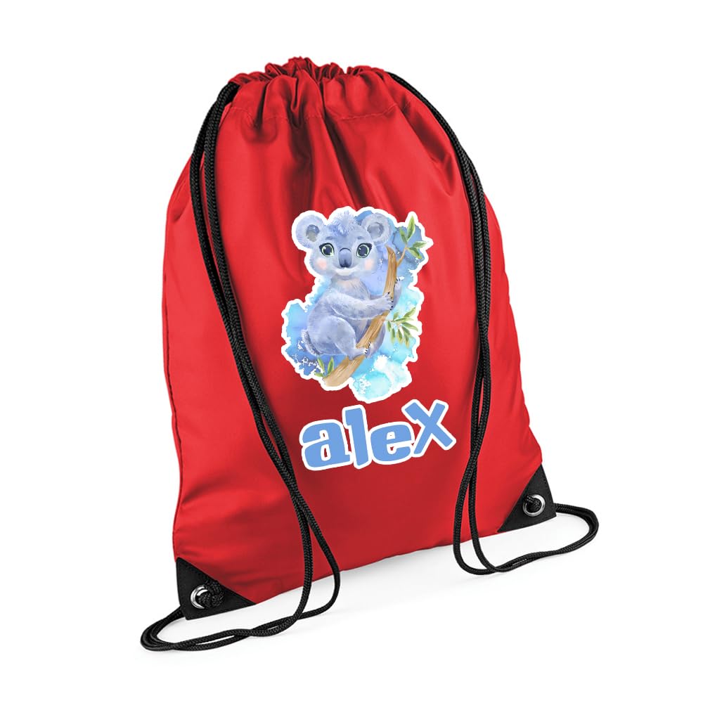 Getagift Personalized Cute Watercolour Koala Drawstring Bag for Kids, Back to School, Waterproof Sports Backpack, PE Kit Bag, Gym and Swimming Bag, Sport Rucksack. (Bright Red)